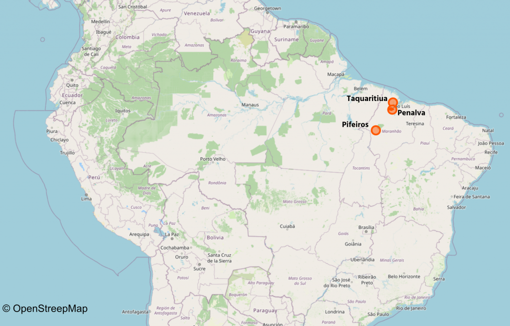 Map showing three Beyond The Net funded projects in Brazil