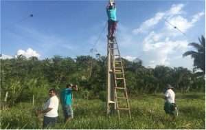 Men work on an aerial in the middle of cleared woodland