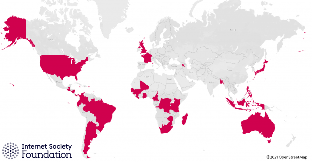 ISOC Foundation global project map 2021 World map showing the countries with the Internet Society Foundations active projects in 2021
