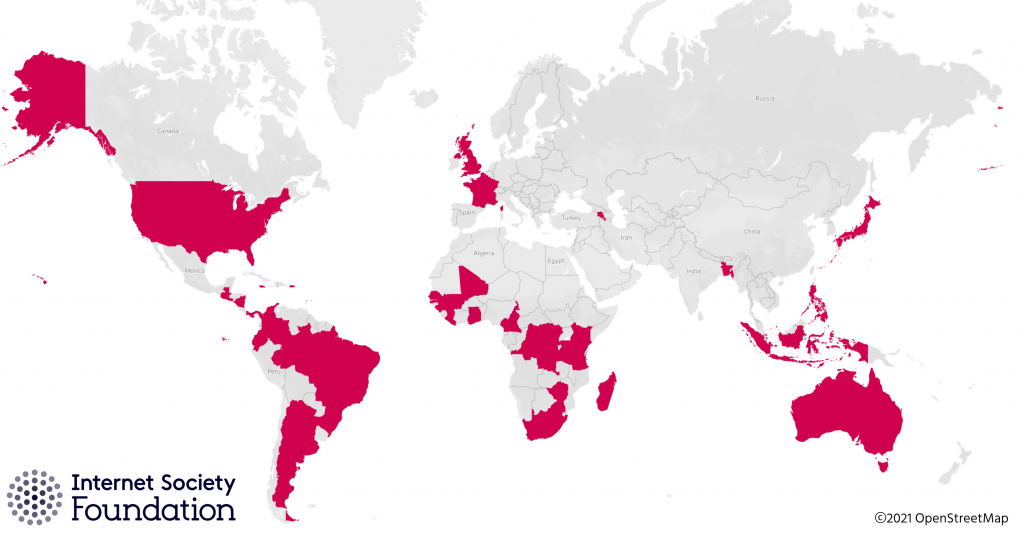 World map showing the countries with the Internet Society Foundations active projects in 2021