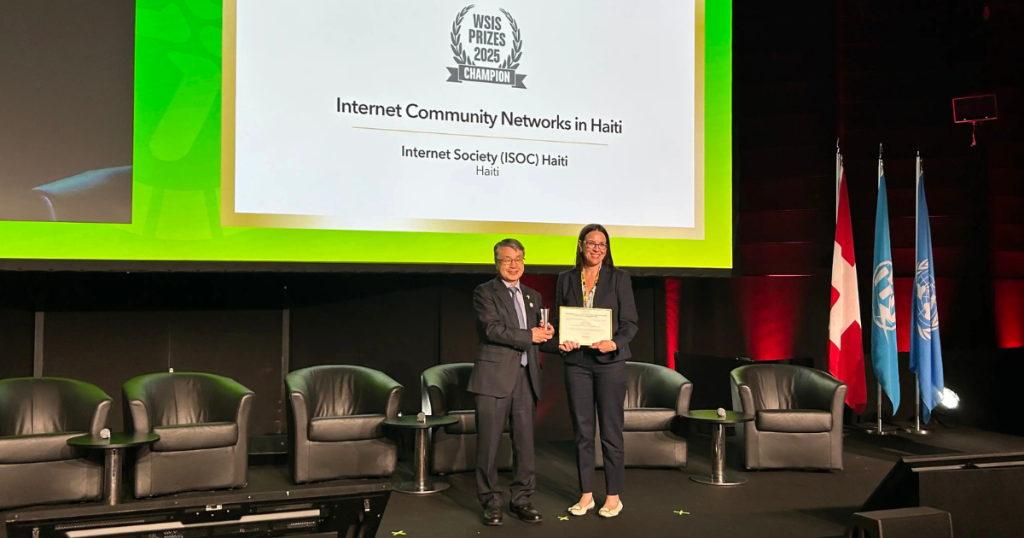Sally Wentworth accepted the award on behalf of the Internet Society Haiti Chapter.