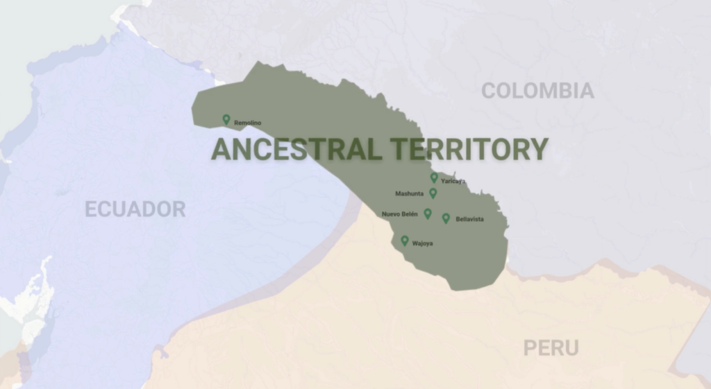 Infographic of ancestral territory map of indigenous regions in Ecuador, Peru, and Colombia.