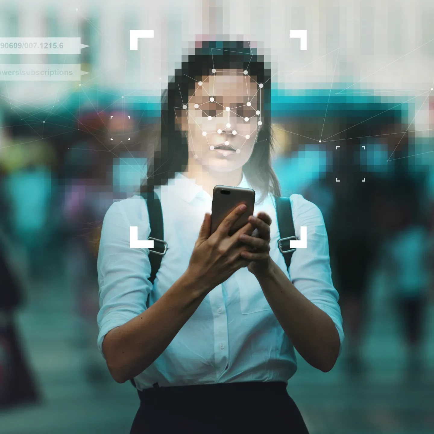 An illustrative photo of a woman with a cellphone to show Identification and privacy in context of modern digital technologies.